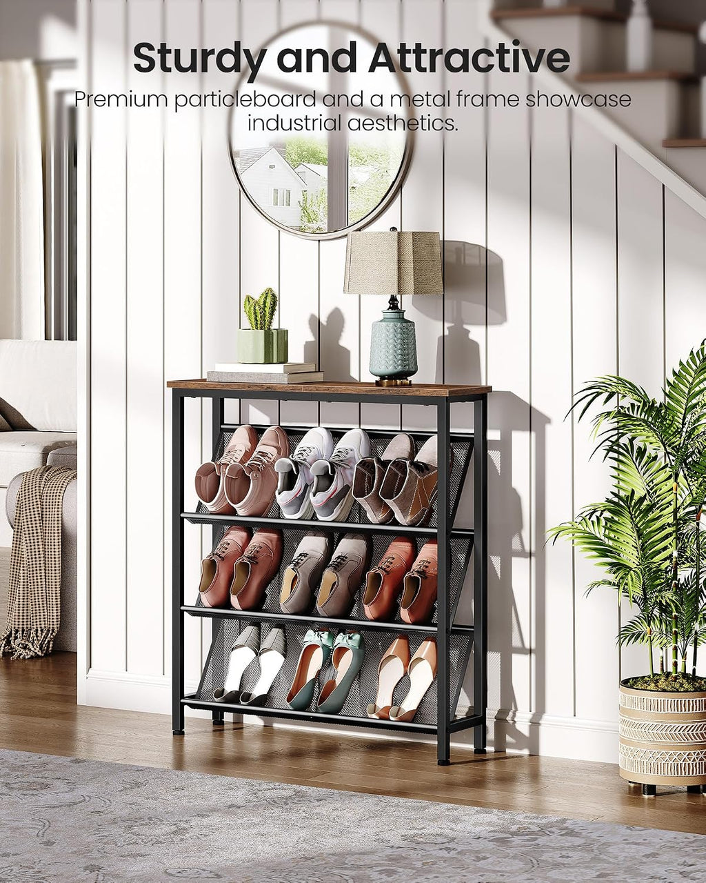 4-Tier Slanted Rustic Brown Metal Shoe Rack With Wood Top