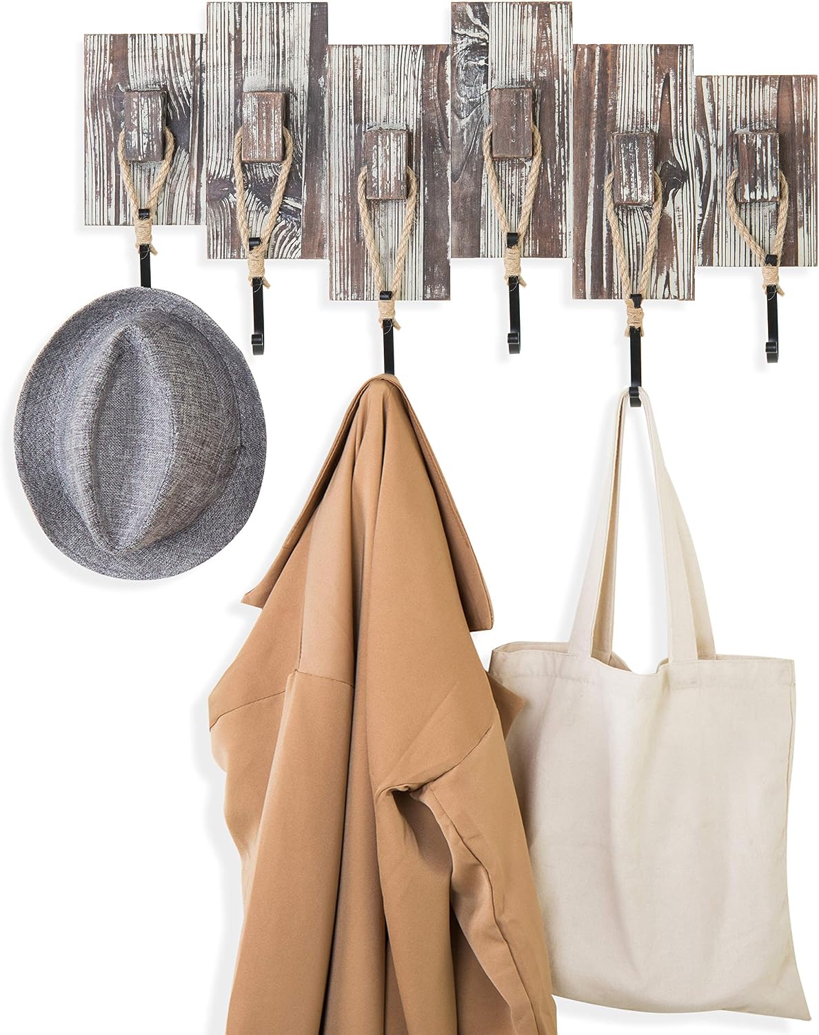 Torched Wood Nautical 6-Hook Coat Rack