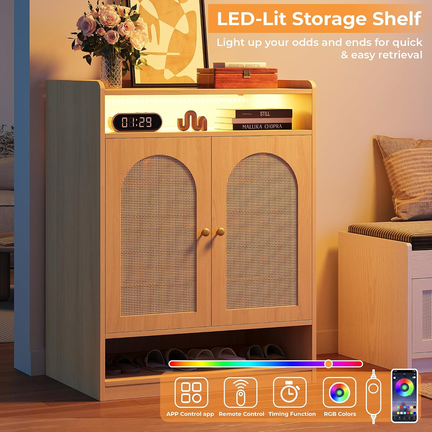 6-Tier Rattan LED Shoe Storage Cabinet